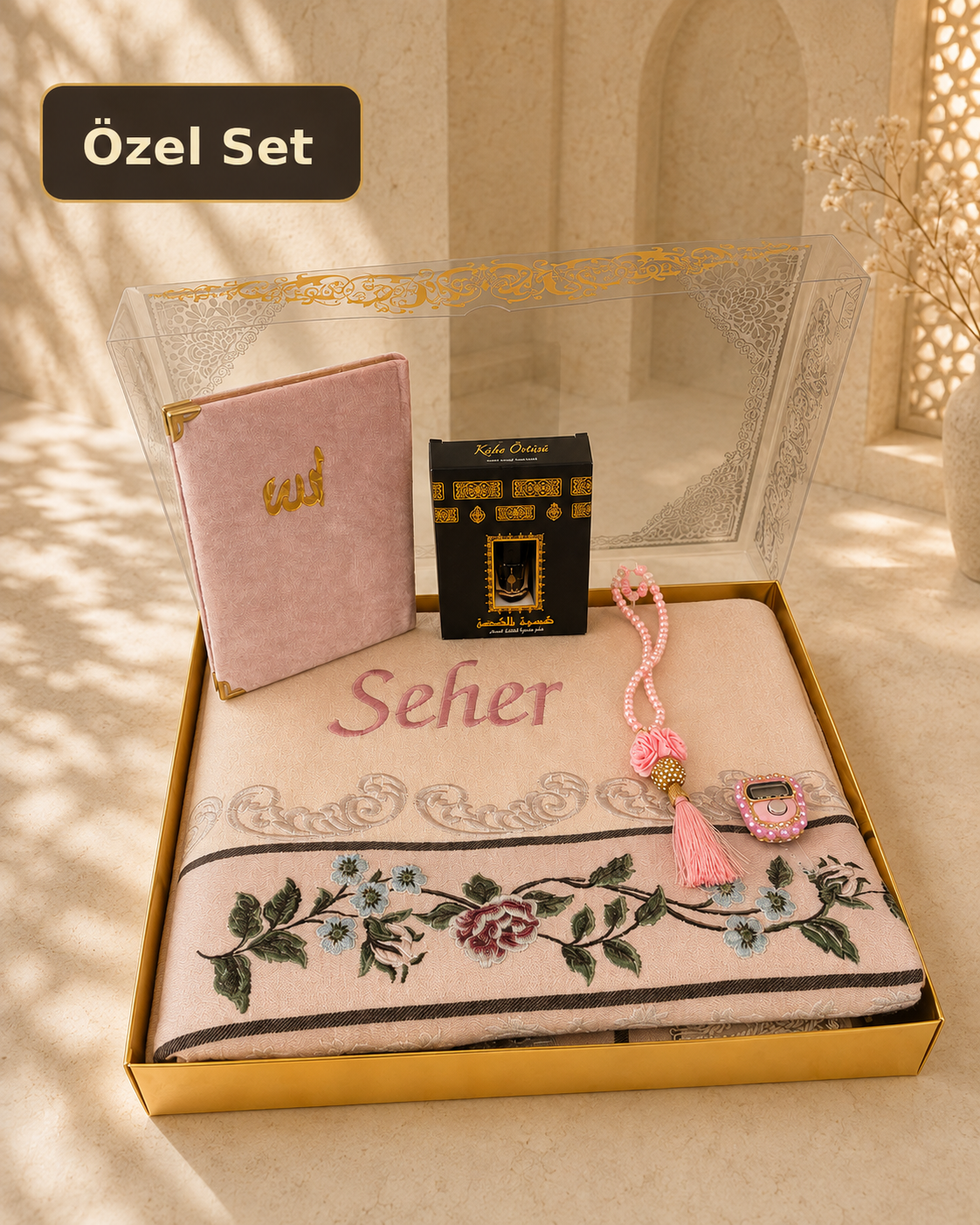 Lüks İpek Saten İsimli Seccade Pembe